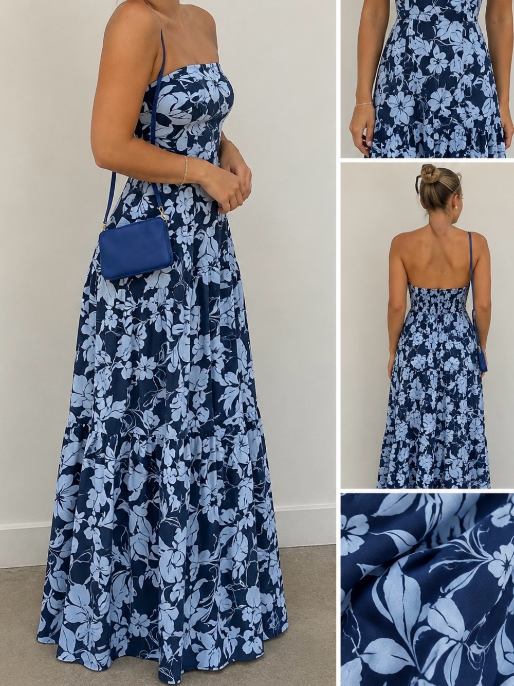 Strapless Navy Floral Maxi Dress